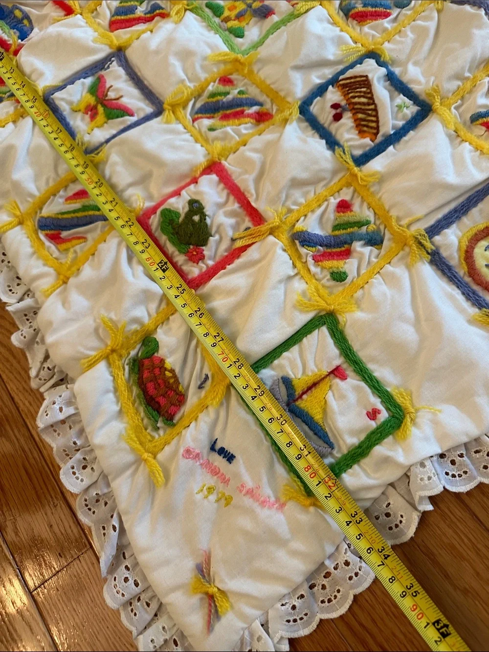 Handmade baby, toddler ABCs embroidered quilt with yellow gingham backing, 1979